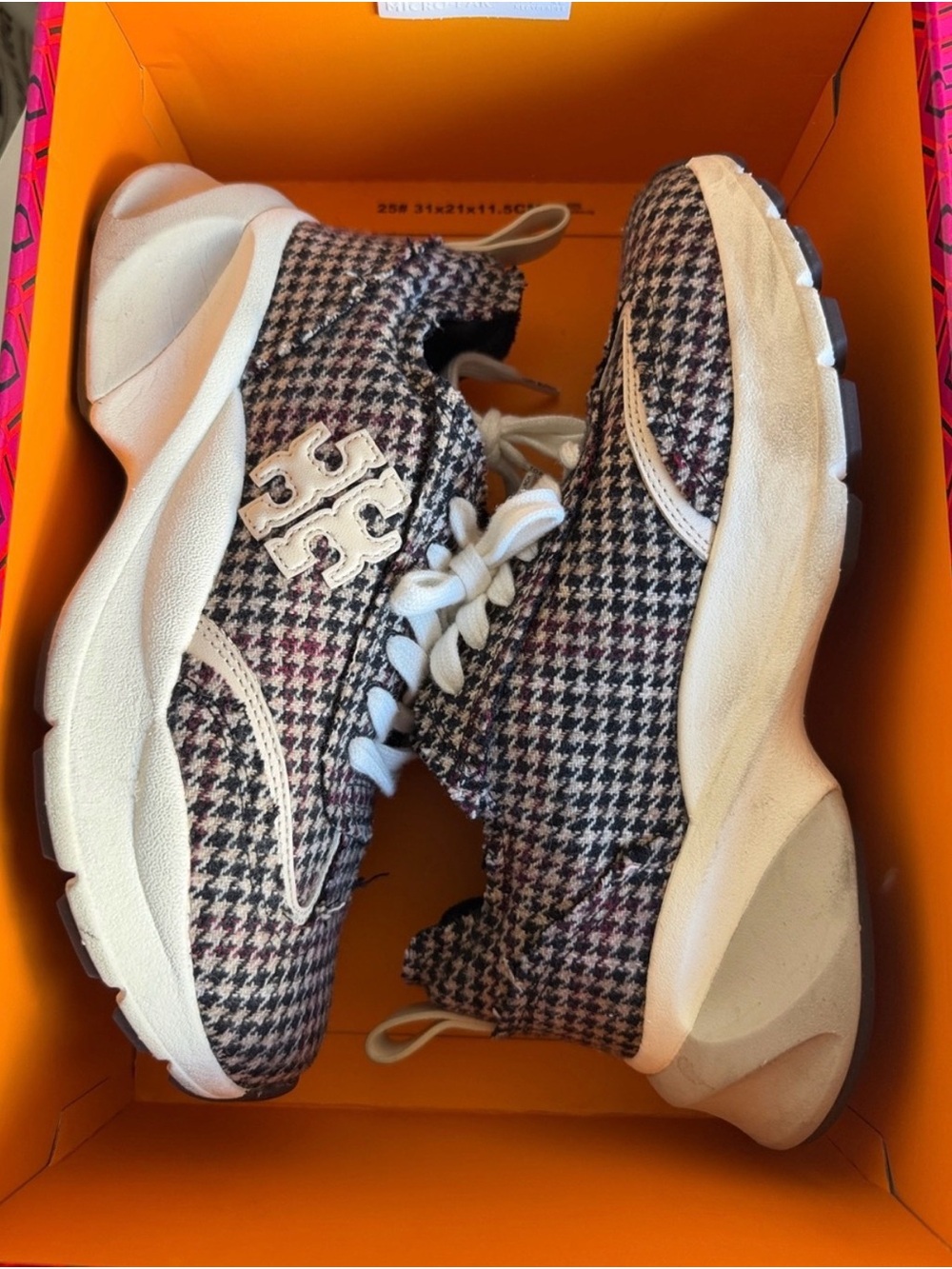Tory Burch Houndstooth Knit Sneakers in Black, White & Pink
